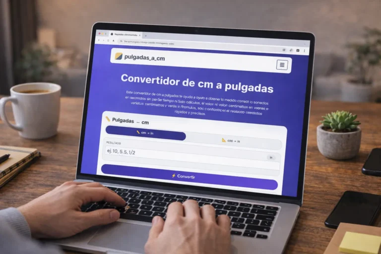 Persona usando una laptop con un convertidor de cm a pulgadas online para obtener medidas rápidas y precisas.