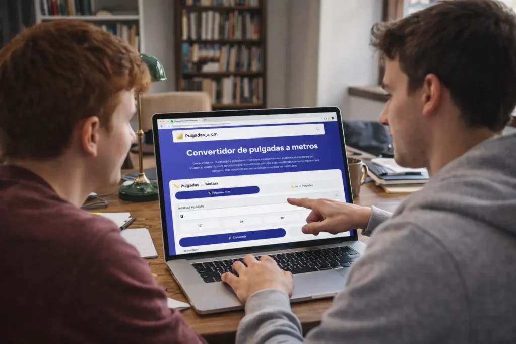 Dos estudiantes usan una laptop para convertir pulgadas a metros con una herramienta online, revisando medidas de forma rápida y precisa en un entorno de estudio.