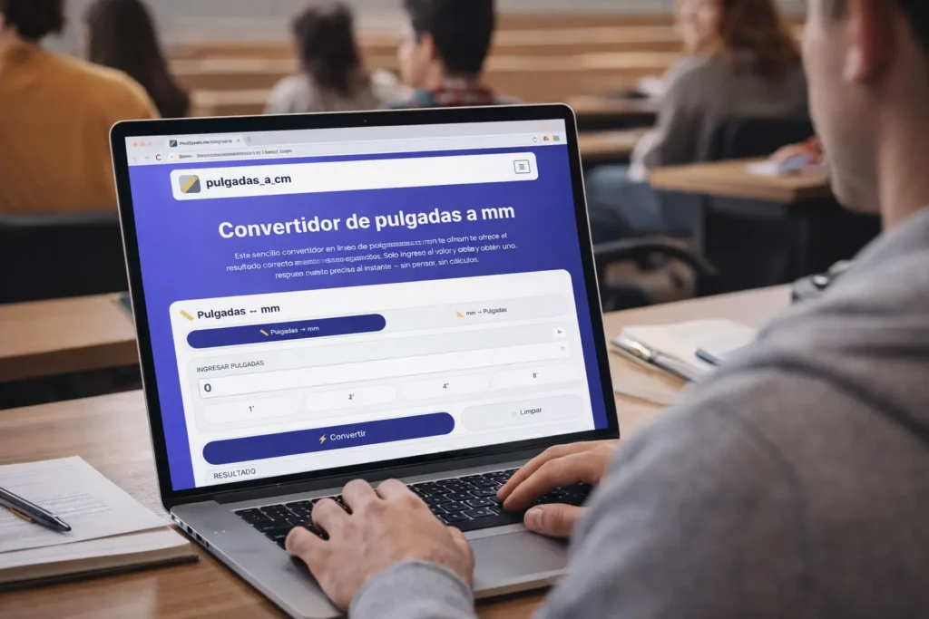 Estudiante usando una laptop con un convertidor de pulgadas a mm online para obtener medidas precisas de forma rápida en clase.
